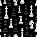 Chess pieces seamless pattern, chessmen flat black and white drawing, silhouette. Figures pawn, king, queen, bishop, knight, rook