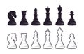 Chess pieces silhouette set. Strategic intellectual game black white pieces queen with king rook and elephant tournament Royalty Free Stock Photo