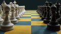Chess pieces stand on a yellow-black chessboard, isolated on a black background Royalty Free Stock Photo