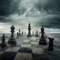 Chess pieces and table in the ocean and sea and storm Royalty Free Stock Photo