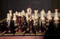 Chess pieces on a table in the park Royalty Free Stock Photo