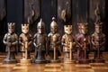 chess pieces transforming into real medieval knights on a vintage board