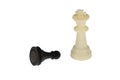 Chess pieces, a white king and a black lying pawn. On a white background, isolated Royalty Free Stock Photo