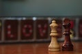 Chess pieces white queen and black king love inscription on background Royalty Free Stock Photo