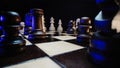 Chess pieces on wooden chessboard before party competition. Board strategy game.