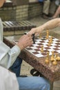 Chess player in the park. Old man plays chess in the park. vertical photo Royalty Free Stock Photo