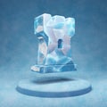 Chess Rook icon. Cracked blue Ice Chess Rook symbol on blue snow podium