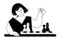 Chess Royal Gambit. Young woman learns to play chess at table. Girl makes pawn move over chessboard revealing queen. Checkmate.
