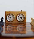 Chess sport, timer and clock for challenge isolated on a white background mockup in studio. Game, board and countdown