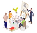 Teacher, trainer teaching people to play strategy board game, vector isometric illustration. Chess academy, training.