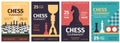 Chess tournament posters with game board and piece silhouettes. Strategy sport competition banners. Chess club match