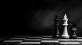 Chess two black and white kings and a black knight stand on a chessboard. Sport game. Copy space. Macro photography.
