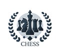 Chess vector emblem. Chess Pieces: King, Knight, Rook, Pawns with a wreath. Vector illustration isolated on white background Royalty Free Stock Photo