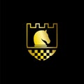 Chess vector logo with knight horse a shield. fit for chess club game logo template. gold color Royalty Free Stock Photo