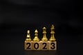 Chess on wood cube text 2023 new year.Business investment strategy growth success concept