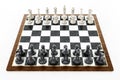 Chessboard with black and white chess pieces isolated on white background. 3D illustration Royalty Free Stock Photo