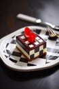 Chessboard cake with alternating layers of vanilla and chocolate sponge. Generated AI