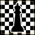 Chessboard with a chess piece Queen and a gold frame. Traditional Christmas holiday game.