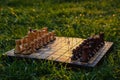 Chessboard and chess pieces on the grass in the garden Royalty Free Stock Photo