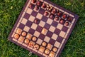Chessboard and chess pieces on the grass in the garden Royalty Free Stock Photo