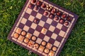 Chessboard and chess pieces on the grass in the garden Royalty Free Stock Photo