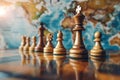 Chess Pieces Positioned on World Map, Global Tactics and Geopolitics