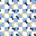 Chessboard with chessmans seamless pattern. Blue white check. Chess day. King rook castle horse knight pawn pattern
