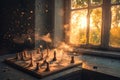 Chess game in progress with pieces scattered under warm sunlight streaming through a window Royalty Free Stock Photo