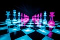 A chessboard with the ethereal glow of neon-colored pieces