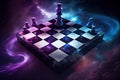 chessboard floating in space, with nebula and stars in the background