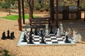 Chessboard with huge black and white chess figures for outdoor playing Royalty Free Stock Photo