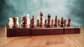 A chessboard made of wood with chess pieces placed on it stands on a table