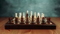 A chessboard made of wood with chess pieces placed on it stands on a table