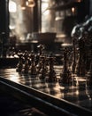 Chessboard pieces on a table in a city, AI-generated.