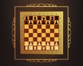 Chessboard with pieces. Vintage chessboard in a gold engraved frame. Set of chess pieces icons. Board game, strategy, online chess Royalty Free Stock Photo