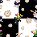 Chessboard seamless pattern with rabbit, stovepipe, tulips and clock inspired by Alice in Wonderland