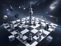 chessboard suspended in space with pieces