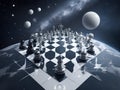 chessboard suspended in space with pieces