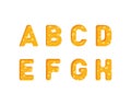 Chesse alphabet in 3D. Font from cheese, food in the form of letters. Cheese letters collection. Symbols isolated on white. Yellow