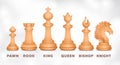 Chessmen, chess set, realistic drawing. Figurines for intellectual game, piece pawn, king, queen, bishop, knight, rook, with