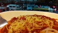 Chessy spaghetti on a terrible traffic night. Yummy! Royalty Free Stock Photo