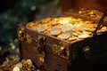 A chest brimming with shiny gold coins is placed atop a sturdy wooden table, A treasure chest filled with golden coins,