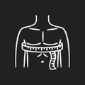 Chest circumference chalk white icon on black background. Male upper body measurements, tailoring parameters. Man chest