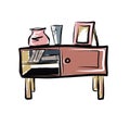 Chest of drawers. Curbstone. Shelf. A little table.Vector picture drawn by hand from a set about home life and comfort. There are