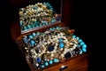 A chest of expensive jewelry. Pirate`s hidden treasure. Jewelry box and jewelry Royalty Free Stock Photo