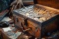 A chest filled with a large quantity of coins, showcasing wealth and abundance, Treasure chest overflowing with coins and