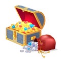 Chest Full of Treasures and Bag of Silver Coins Royalty Free Stock Photo