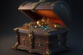 Chest with gold and treasures. Created with generative Ai technology. Royalty Free Stock Photo