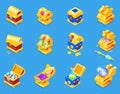 Chest icon isometric vector treasure box with gold money wealth or wooden pirate chests with golden coins and ancient