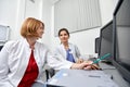 Chest, lung x ray on a doctor& x27;s computer screen on a desk